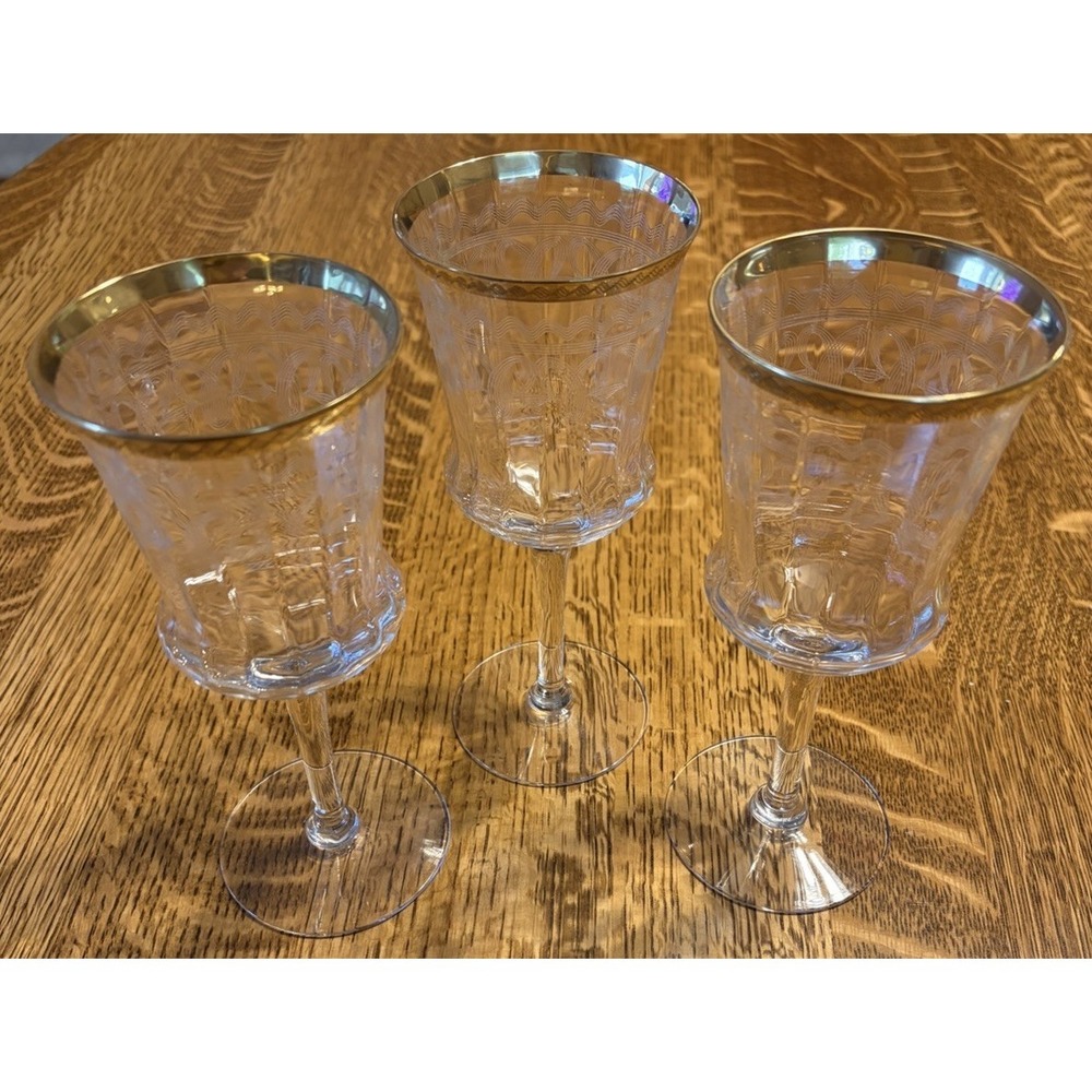 3 Vintage Tiffin-Franciscan 14196-6 Wine Water Goblet Stem Glass Etched Gold Rim - Picture 2 of 8